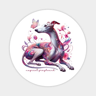 Whimsical Greyhound With Flowers And Butterfly Magnet